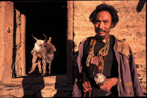 山岩父系部落•长留我心底的风景
	
四川甘孜藏族自治州白玉县，山岩乡八学村的一户民居前。
我又在那一带住了几个月。一天和几个当地朋友瞎转，在这户人家喝了很久的酥油茶和青稞酒，送别的时候，一回转身，按快门拍了这张。
	朋友们更注意的那头牛，说是在画�
